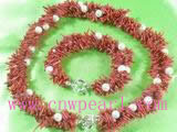 red coral and white pearl twisted necklace&bracelet jewelry set